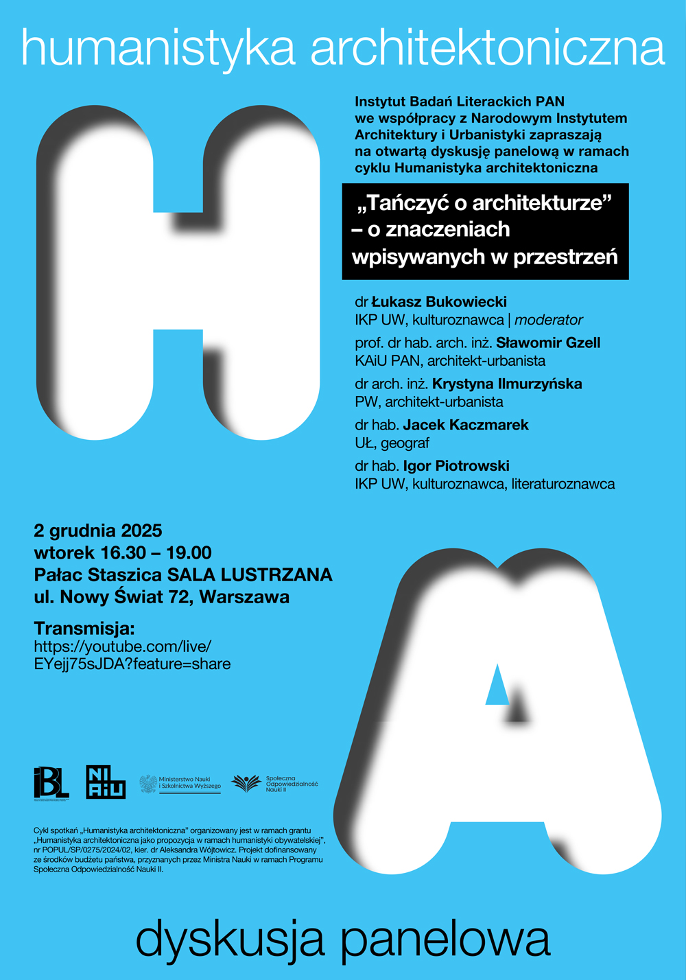 Plakat promujący wydarzenie: "Tańczyć o architekturze - o znaczeniach wpisywanych w przestrzeń. Informacje z plakatu można znaleźć poniżej.