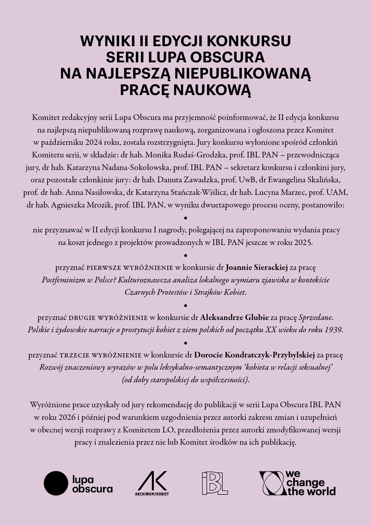 Wyniki Ii Edycji Konkursu Serii Lupa Obscura na najlepszą niepublikowaną pracę naukową